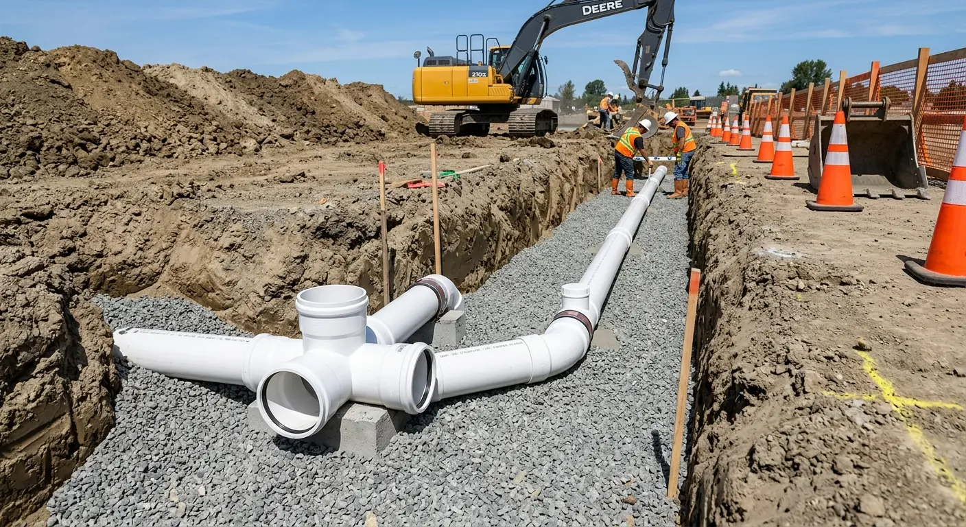 New PVC sewer pipe installation in open trench for Grease Trap Cleaning in St. Clair