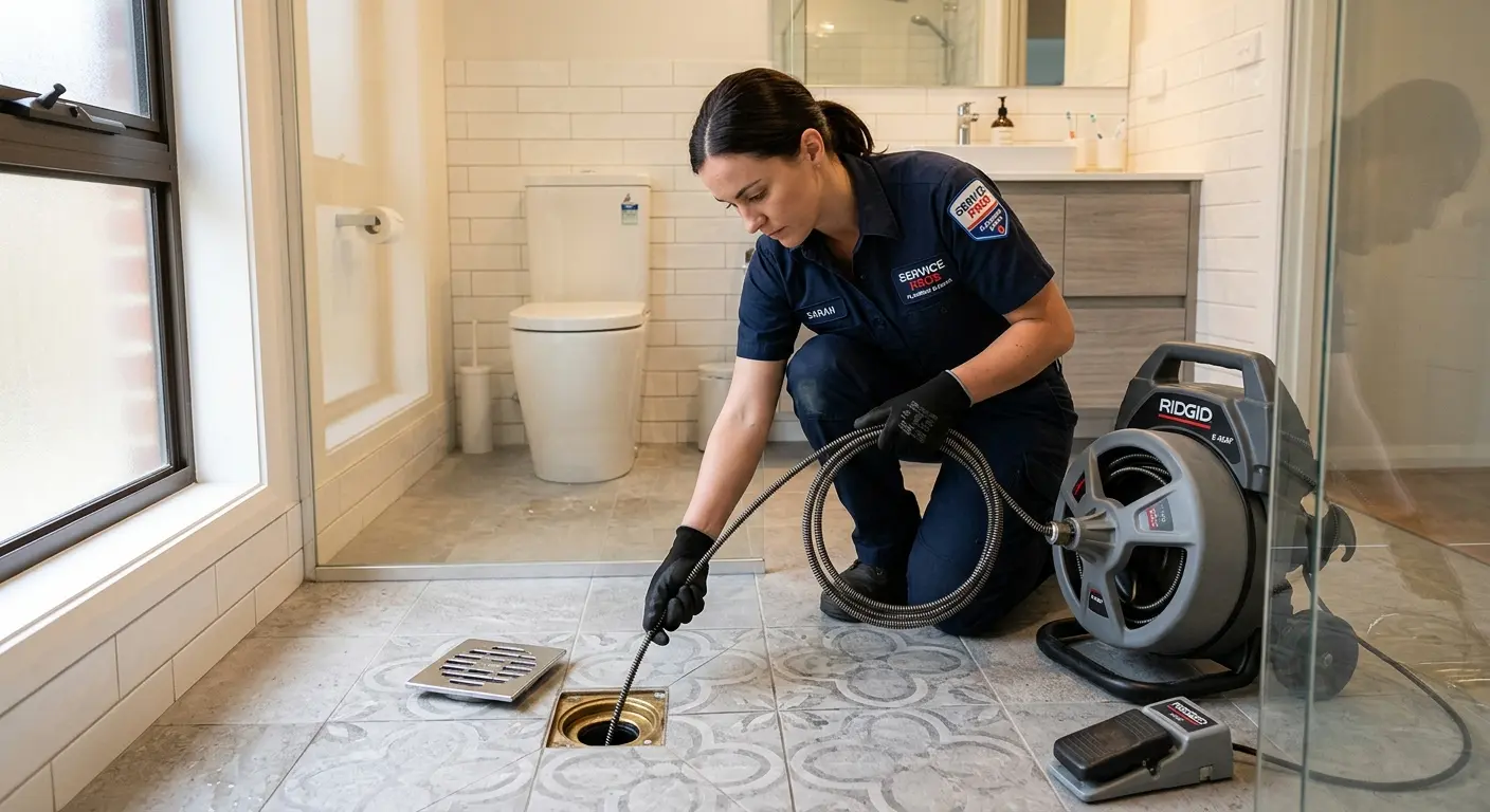 Technician clearing a bathroom floor drain for Sewer Line Installation in St. Clair